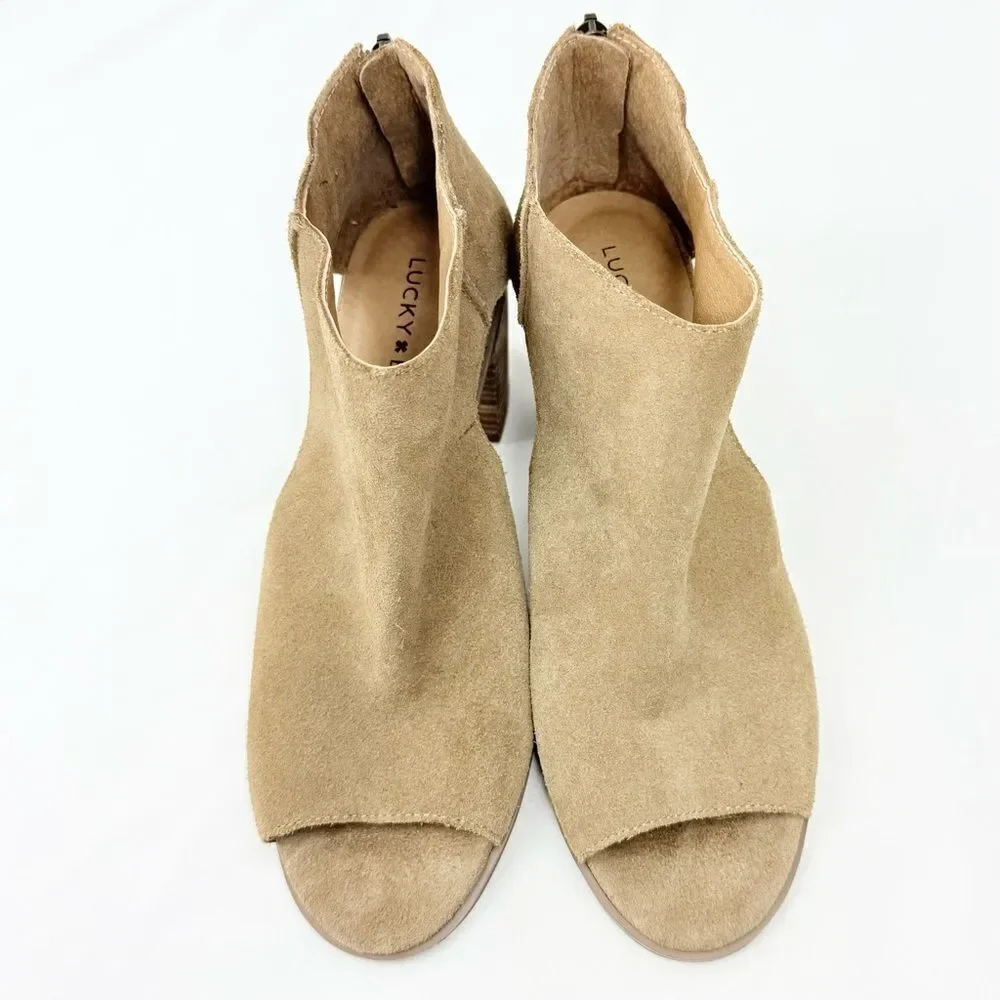 Lucky Brand KEIGHT Tan Suede Keyhole Open Toe Block Heel Ankle Sandal Bootie